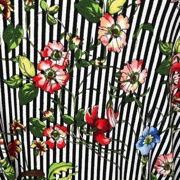 Eci NEW YORK BLACK WHITE STRIPE FLORAL PATTERN FAUX WRAP FLOUNCE SLEEVE DRESS XL - Picture 6 of 10